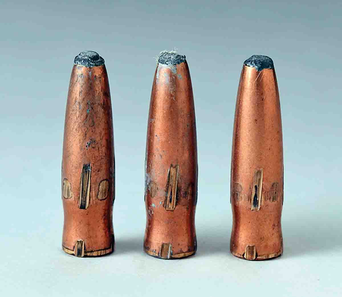 These Wasp Waist bullets were fired at a reduced velocity of 996 fps to illustrate bearing surface.